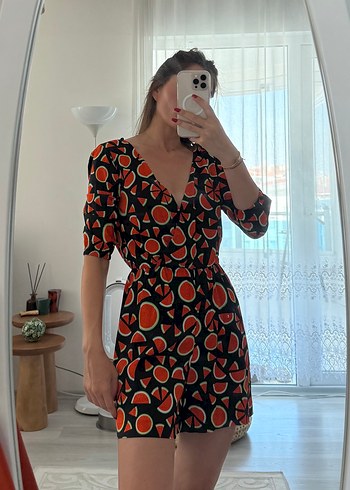 Retro Desenli Turuncu Mini Tulum