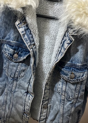 36 Beden Peluş Detaylı Gri Denim Ceket