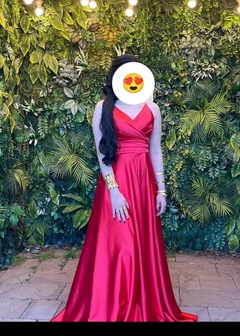 Kırmızı Drapeli Uzun V Yaka Abiye Elbise - Görsel 2