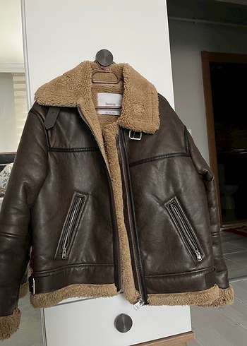 Kürk Detaylı Kahverengi Deri Biker Ceket - Görsel 2