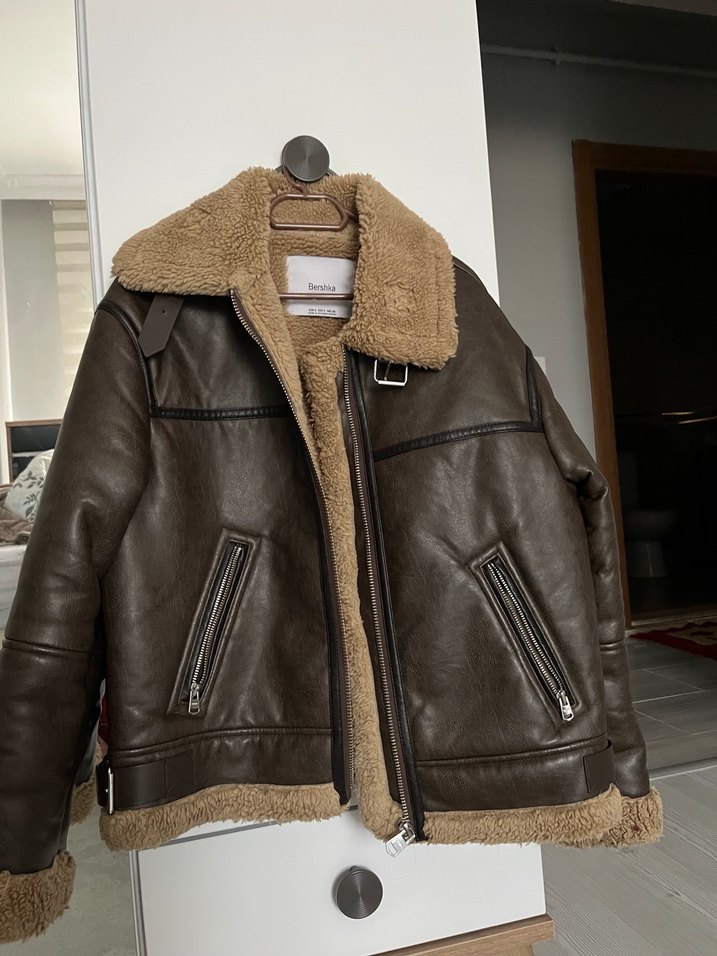 Kürk Detaylı Kahverengi Deri Biker Ceket - Görsel 2