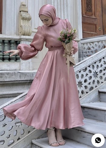 Pudra Pembe Midi Drapeli Uzun Elbise