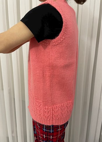 Tasarımcı Pembe Örgü V Yaka Kolsuz Kadın Yelek
