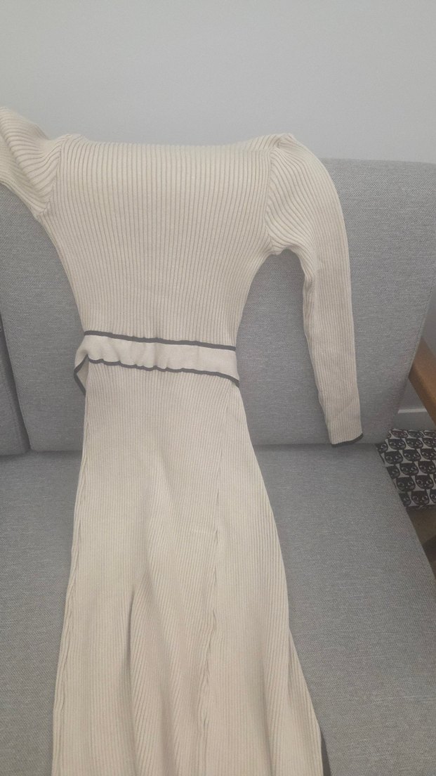 Uzun Kesim Krem Kadın Triko Elbise - Görsel 3