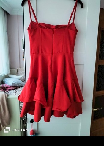 Kırmızı Mini Straplez Volanlı Elbise - Görsel 2
