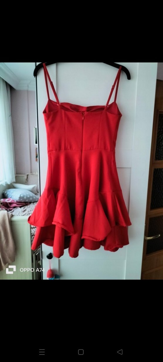 Kırmızı Mini Straplez Volanlı Elbise - Görsel 2