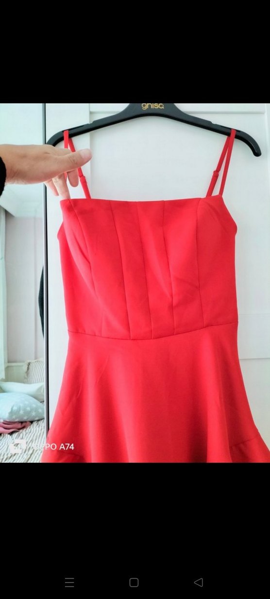 Kırmızı Mini Straplez Volanlı Elbise - Görsel 5