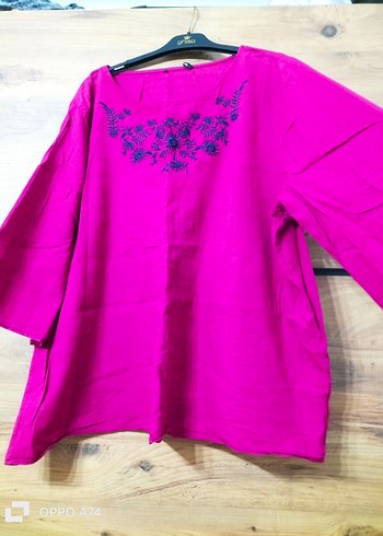 Nakışlı Uzun Kollu Pembe Keten Bluz - Görsel 2