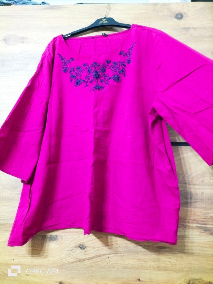 Nakışlı Uzun Kollu Pembe Keten Bluz - Görsel 2