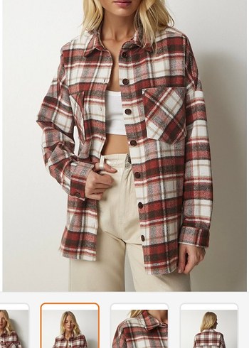 Düğmeli Kahverengi Kareli Kadın Gömlek - Görsel 4