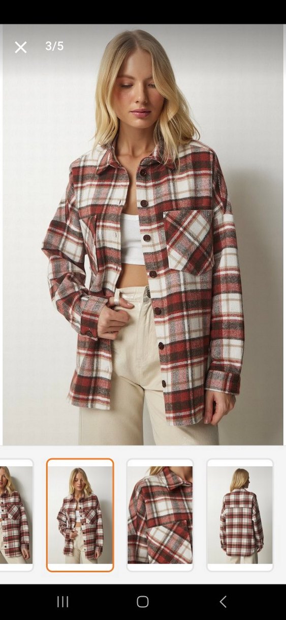 Düğmeli Kahverengi Kareli Kadın Gömlek - Görsel 4