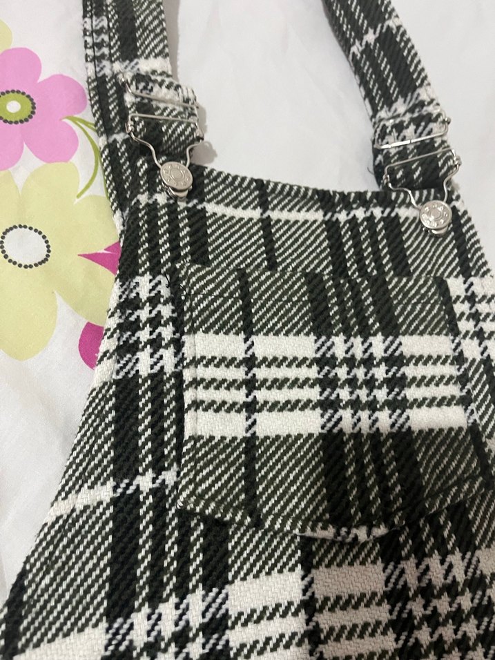 Kadın yeşil Kareli Askılı Midi Salopet - Görsel 3