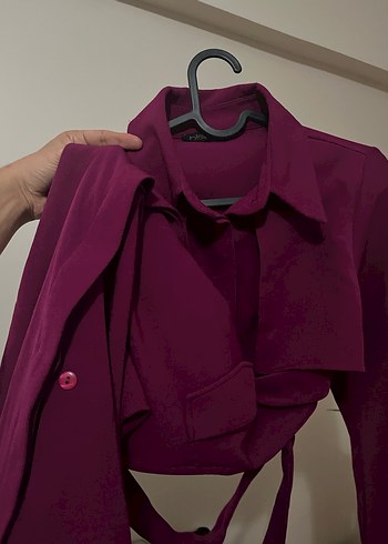 Bordo Kemerli Uzun Kadın Trençkot - Görsel 11