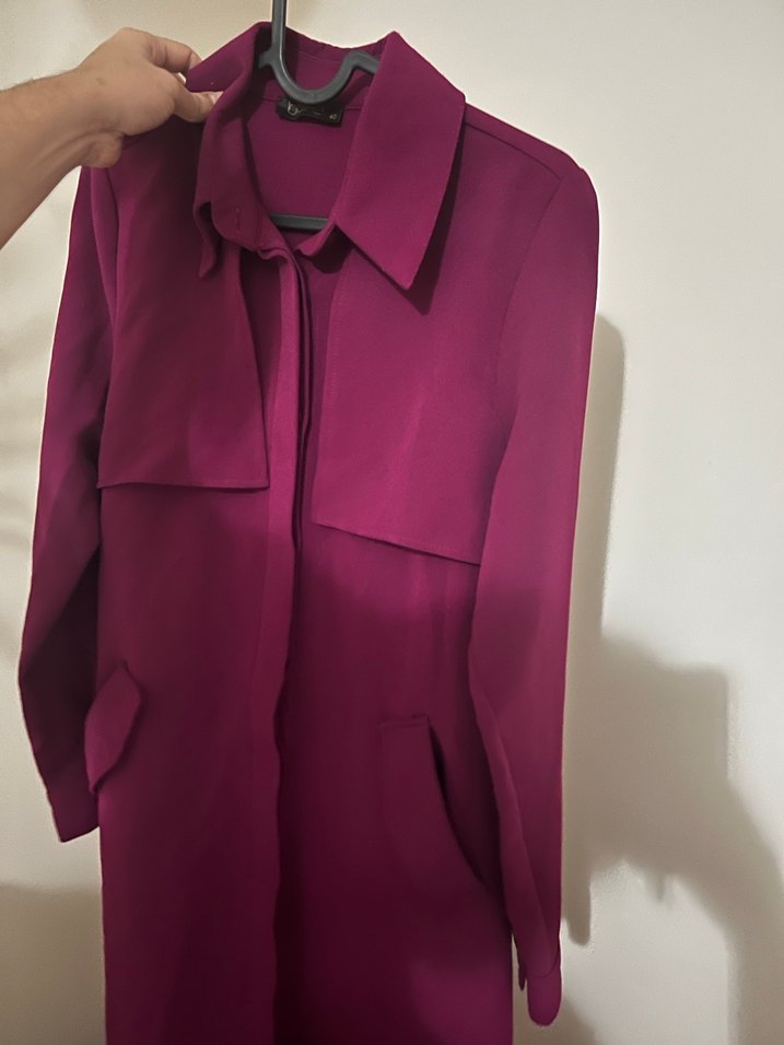 Bordo Kemerli Uzun Kadın Trençkot - Görsel 2