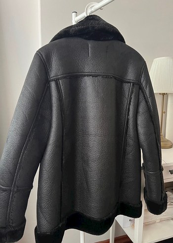 Stradivarius Deri Siyah Kürklü Kadın Kışlık Biker Ceket