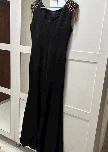 Siyah Drapeli Uzun Kadın Abiye Elbise - Görsel 2