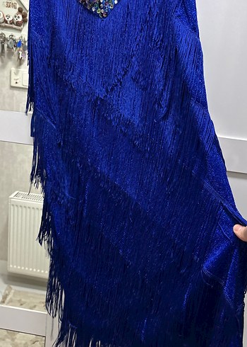 Püsküllü V Yaka Uzun Mavi Bohem Elbise - Görsel 2