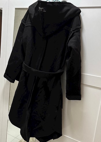 Siyah Kapüşonlu Bel Detaylı Uzun  Kaban - Görsel 2