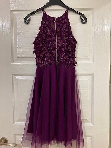 Mor Boyundan Askılı Kısa Abiye Elbise - Görsel 8