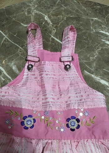 Kız Çocuk Pembe Nakışlı Askılı Elbise - Görsel 5