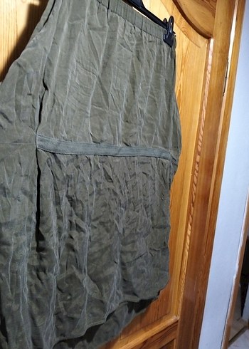 Dökümlü Midi Keten Etek - Haki - Görsel 6