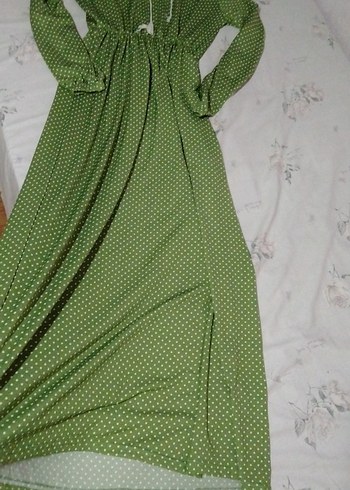 Uzun Yeşil Puantiyeli Bohem Elbise - Görsel 3