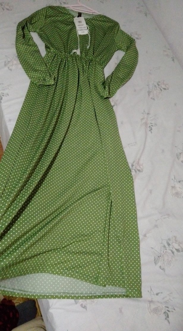 Uzun Yeşil Puantiyeli Bohem Elbise - Görsel 3