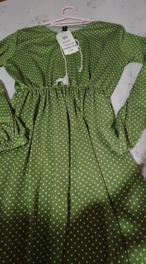 Uzun Yeşil Puantiyeli Bohem Elbise - Görsel 2