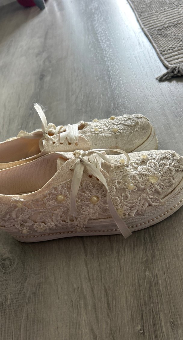 Nakışlı Beyaz Dantel gelin ayakkabısı - Görsel 2