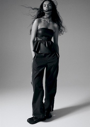 H&M Suni Deri Straplez Peplum Üst - Görsel 2