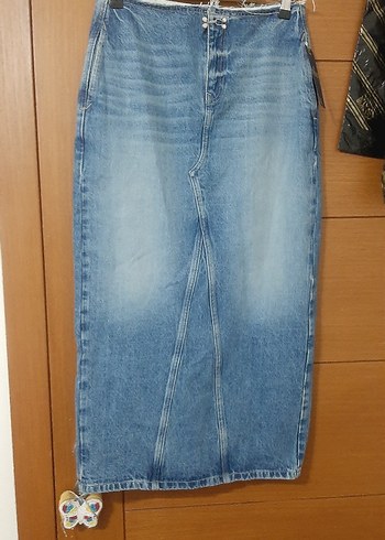 Mavi Kemerli uzun Denim Etek