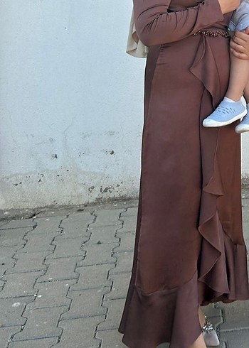 42 Beden Kahverengi Vintage Uzun Drapeli Abiye Elbise