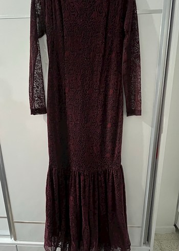 Bordo Dantel Uzun Kollu Vintage Uzun Elbise