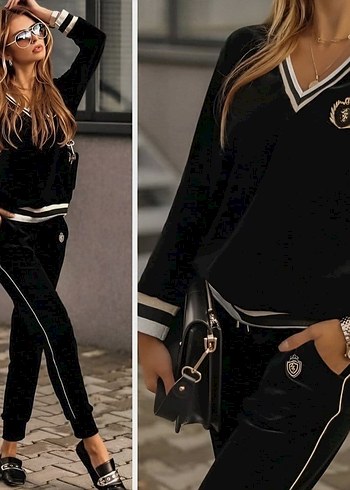 Siyah Nakışlı V Yaka Kadın Denim Takım - Görsel 3