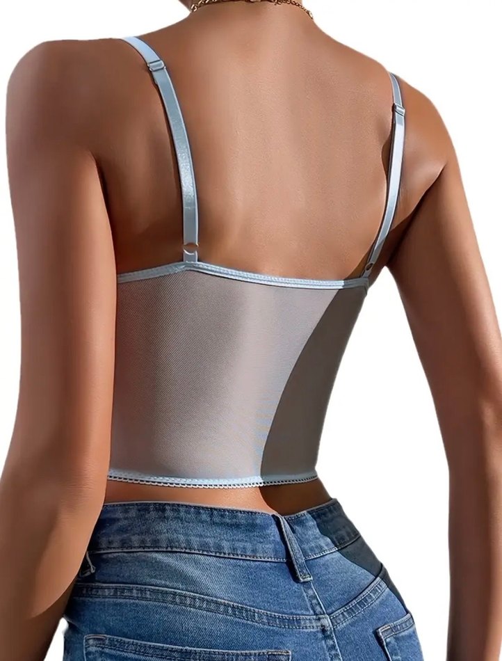 Nakışlı Dantelli Mavi Mini Bustier - Görsel 2