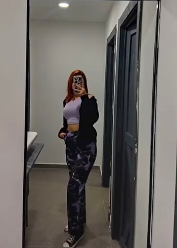 Mor Batik Desenli Salaş Kadın pantolon - Görsel 3