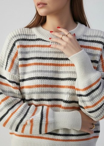 Gri Çizgili Örgü Kadın Kazak - Görsel 2