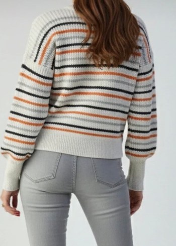 Gri Çizgili Örgü Kadın Kazak - Görsel 3