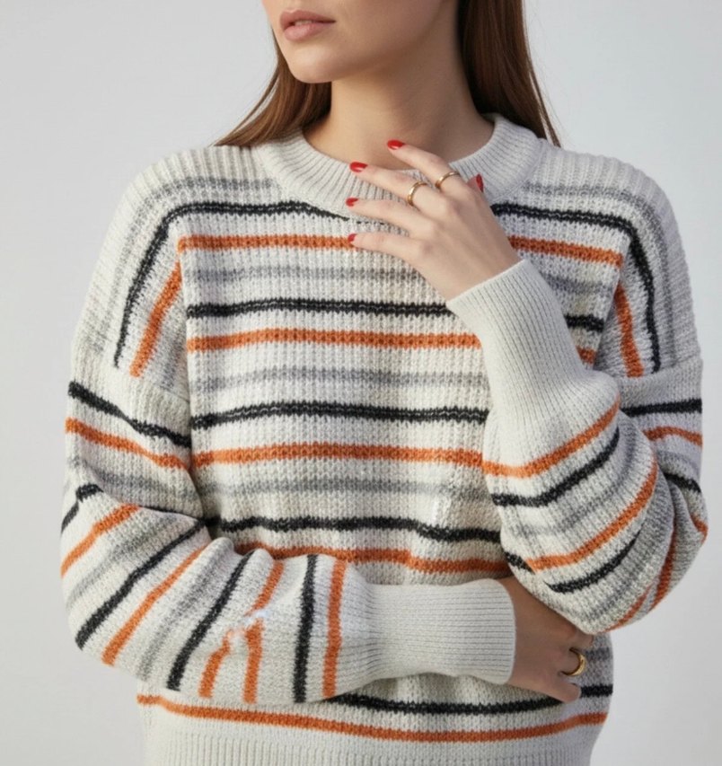 Gri Çizgili Örgü Kadın Kazak - Görsel 2