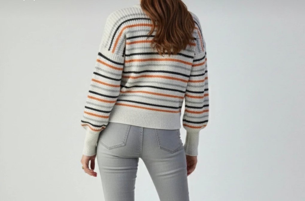 Gri Çizgili Örgü Kadın Kazak - Görsel 3