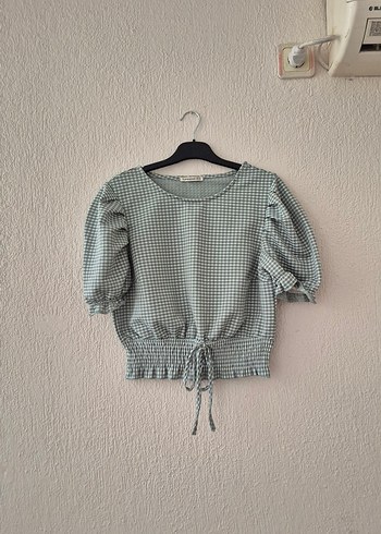 yesil Kareli Kısa Kollu Bluz