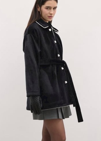 Düğmeli Siyah Midi Kadın Kaban - Görsel 2