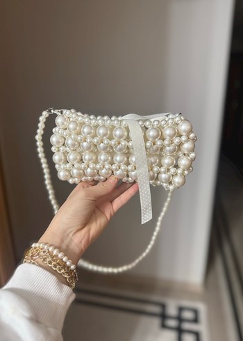 İnci İşlemeli Beyaz Örgü Kadın Çanta - Görsel 2