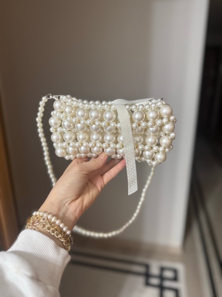 İnci İşlemeli Beyaz Örgü Kadın Çanta - Görsel 2