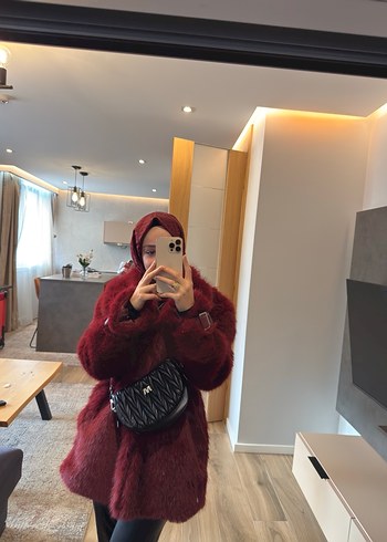 Bordo Kapüşonlu Kadın Midi Kaban - Görsel 2