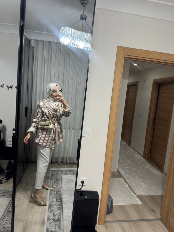 Şeffaf Detaylı Bej Zebra Desenli Kadın Blazer - Görsel 2