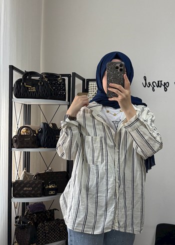 Kadın Bej Çizgili Rahat Kesim Gömlek - Görsel 3