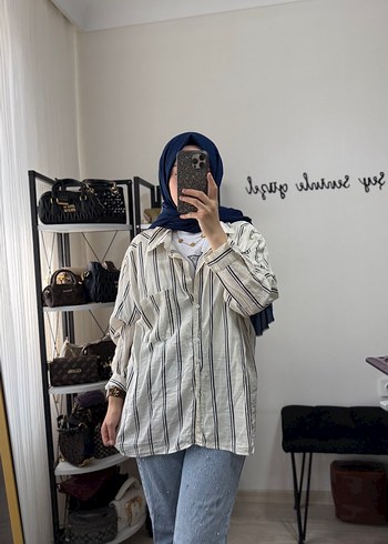 Kadın Bej Çizgili Rahat Kesim Gömlek - Görsel 2