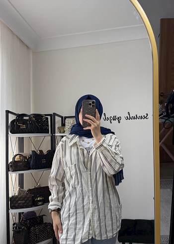 Kadın Bej Çizgili Rahat Kesim Gömlek - Görsel 4