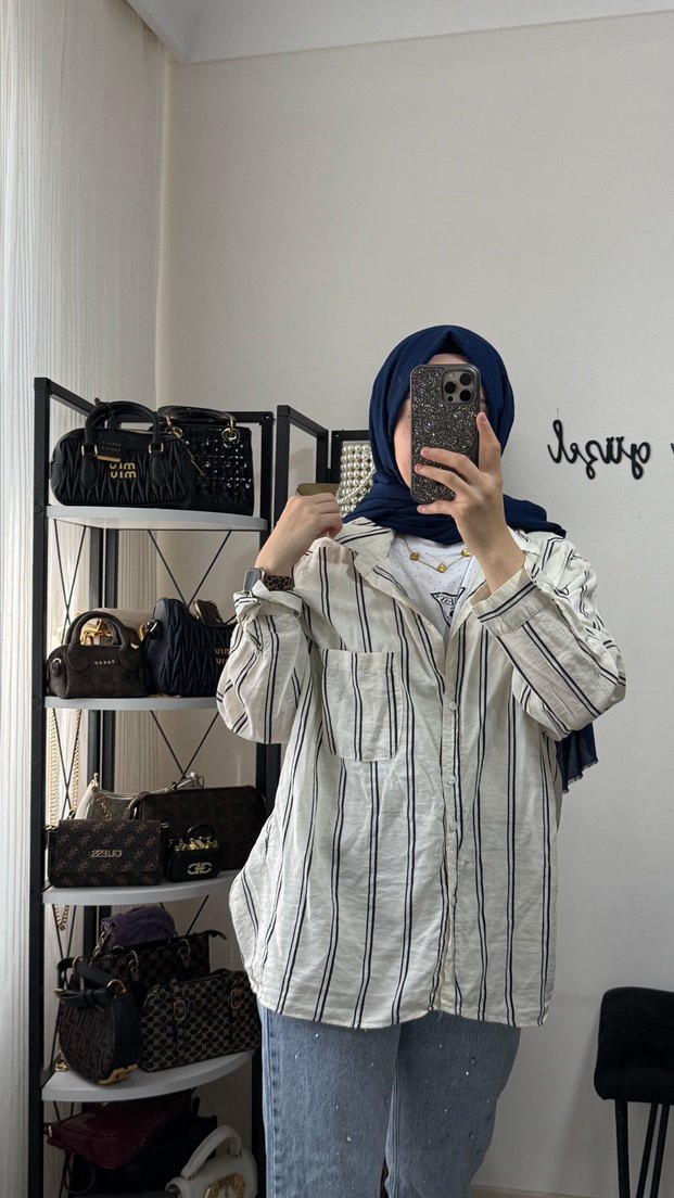 Kadın Bej Çizgili Rahat Kesim Gömlek - Görsel 3